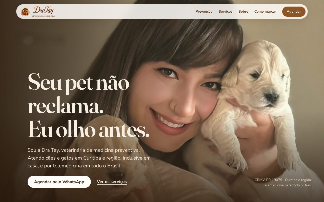 Página inicial do site da Dra Tay, veterinária em Curitiba